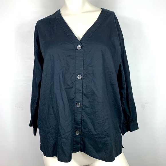 Everlane Cotton 3/4 Sleeve Button Down Black Top SZ 10 Everlane - Picture 2 of 5